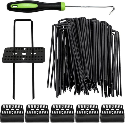 Bakulyor 50 Pcs Black Landscape Staples + 50 Pcs Buffer Washer, 6 Inch 11 Gauge Garden Stakes Anchor, U Shaped Galvanized Lawn Pins Heavy Duty Yard Ground Pin for Weed Barrier Sod Fabric Decorations