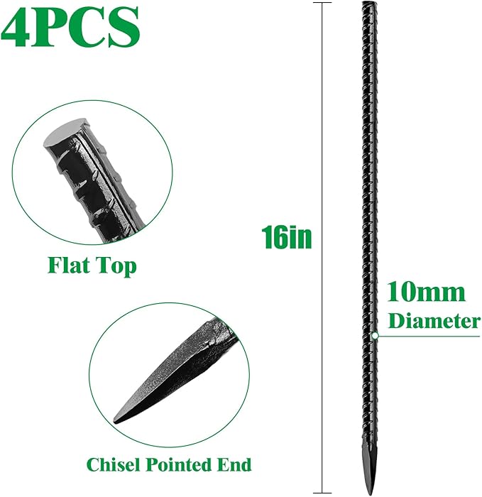 Rebar Stakes, Heavy Duty Metal J Hook Garden Ground Stakes for Camping Tent Canopy (I Shape-Black, I-16 x3/8"-4pcs)