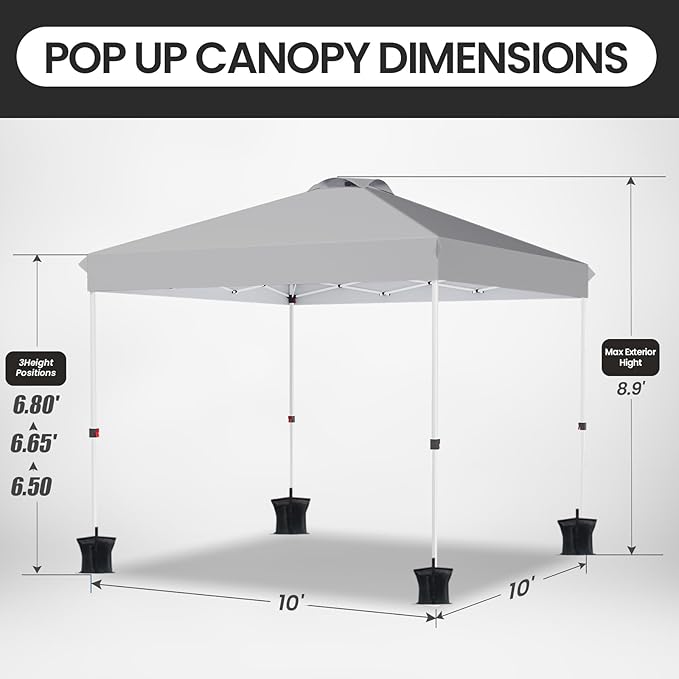 10x10 Pop Up Canopy, Heavy Duty Pop Up Tent with Wheeled Bag for Easy Moving, Easy Up Canopy Tent for Parties, Events, Camping, Outdoor Gazebo with 420D PU Coated Waterproof Grey Fabric