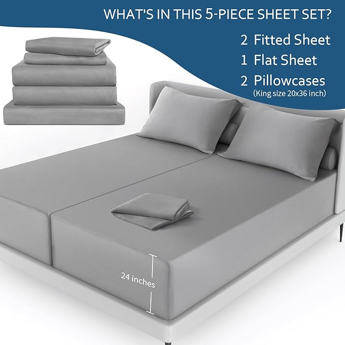 Split King Sheets Sets - 5 Piece Adjust Bed Set - Deep Pocket - Breathable & Fade Resistant Easy Fits 16in to 24in Pillow Top Bed Mattress - Grey