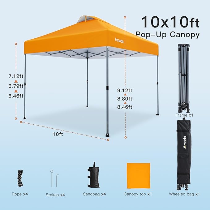 Amada 10x10 Pop Up Canopy - Center Lock One Push Instant Setup Gazebo Outdoor Canopy Beach Tent with STO-N-Go Bag 8 Stakes & 4 Sand Bags, 3-Height Adjustable Shade Shelter (10x10ft, Orange)