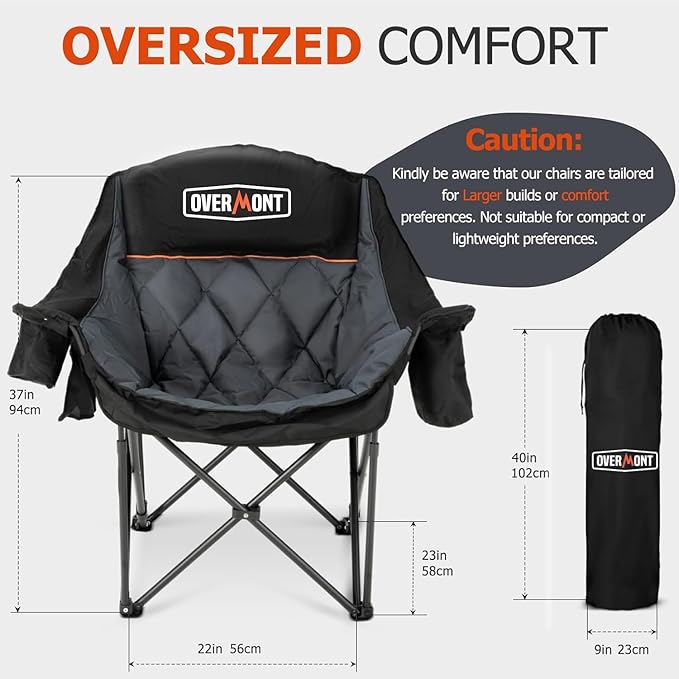 Overmont Oversized XL Camping Chair for Adults - 400lbs Support Heavy-Duty Padded Folding Chair with Side Pocket Cup Holder Cooling Bag for Outdoor Sports Garden Beach Fishing Lawn Black 2pcs