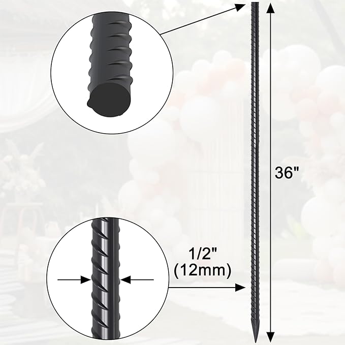 Rebar Stakes 36 Inch 16 Pack Heavy Duty Steel Ground Anchors 1/2 Diameter Straight Metal Stakes Landscape Timber Spikes with Chisel Point End for Plant Support, Concrete Form, Black