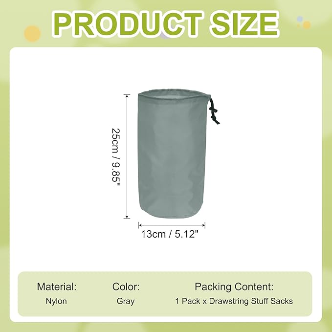 Stuff Sack, Nylon Waterproof Storage Sacks Portable Drawstring Dry Stuff Bag Gear Organization with Toggle, 5x10Inch Fit for Backpacking Camping Traveling Hiking(Gray)