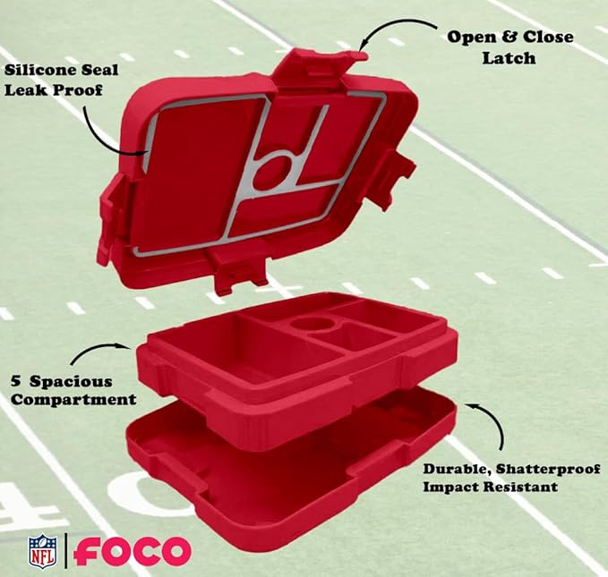 FOCO NFL Unisex-Adult Officially Licensed 2-Tone Big Logo Team Color Football Leak Proof 5 Compartment Bento Lunch Box - Kansas City Chiefs