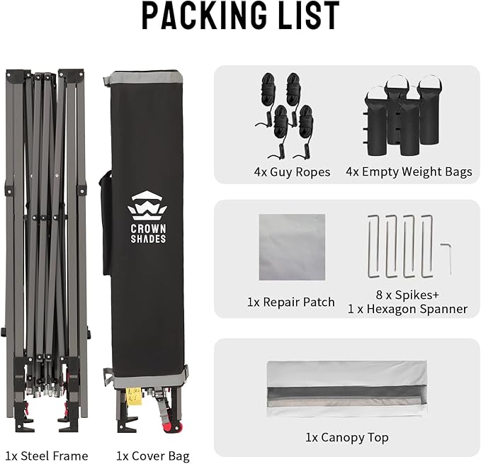 CROWN SHADES 10x10 Pop up Canopy Tent Patended Centerlock Instant Commercial Canopy with 150D Silver Coated Fabric Including 2 Extend Awnings, 4 Ropes, 8 Stakes, 4 Weight Bags (White, 10x14)