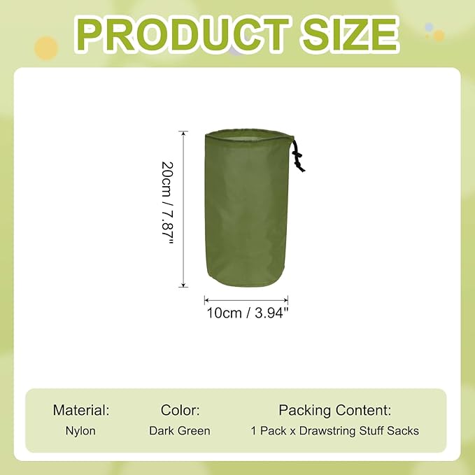 Stuff Sack, Nylon Waterproof Storage Sacks Portable Drawstring Dry Stuff Bag Gear Organization with Toggle, 4x8Inch Fit for Backpacking Camping Traveling Hiking(Dark Green)