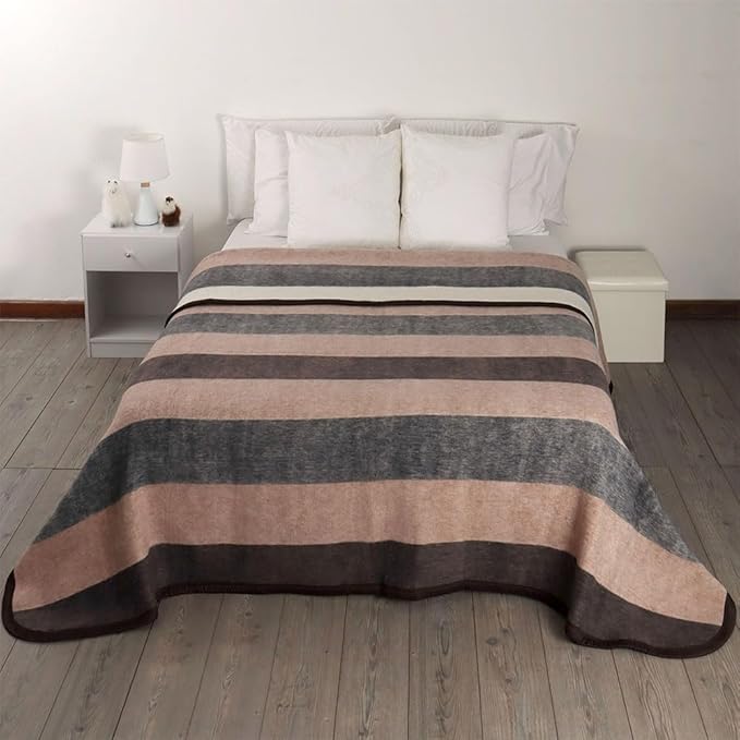 Alpaca Warehouse 100% Natural Alpaca and Sheep Wool Blanket King Size Thick Heavyweight Comfortably Warm - Great for Outdoor Use - Striped Design 103" x 90" (Beige/Brown/Gray, King)
