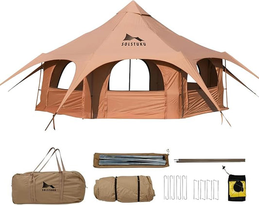 SOLSTUKU 4 Season Canvas Bell Tent, 270 sq ft, 9.8 ft Peak Height, 10 Person, Free Standing, Zipper Closure, Compact Style, Camping & Hiking, Family Camping, Cold-Weather, Outdoor Activities