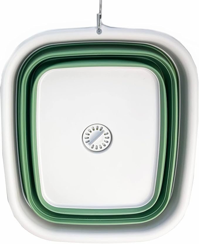 SAMMART 15L (3.9 Gallon) Collapsible Dishpan with Draining Plug - Foldable Washing Basin - Portable Dish Washing Tub - Camping & Space Saving Kitchen Storage Tray (Grey/Dark Sea Green)