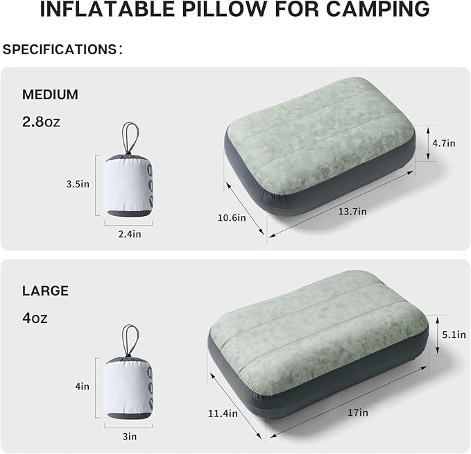 Inflatable Camping Pillow Ultralight Down Fill Inflatable Pillow for Neck Lumbar Support Compressible Compact Travel Pillow for Camping, Hiking, Backpacking, Office M