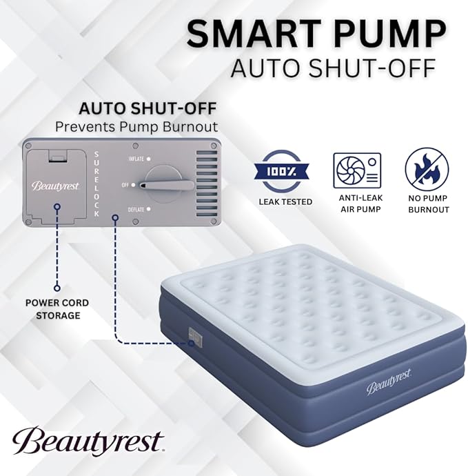 Beautyrest Supreme Air, Twin Size Air Mattress with Built-in Pump, Raised Inflatable Bed for Adults, Puncture-Resistant Vinyl, Auto Shut-Off, 650lb Support, Guest Bed, Camping Airbed, 3-Year Warranty