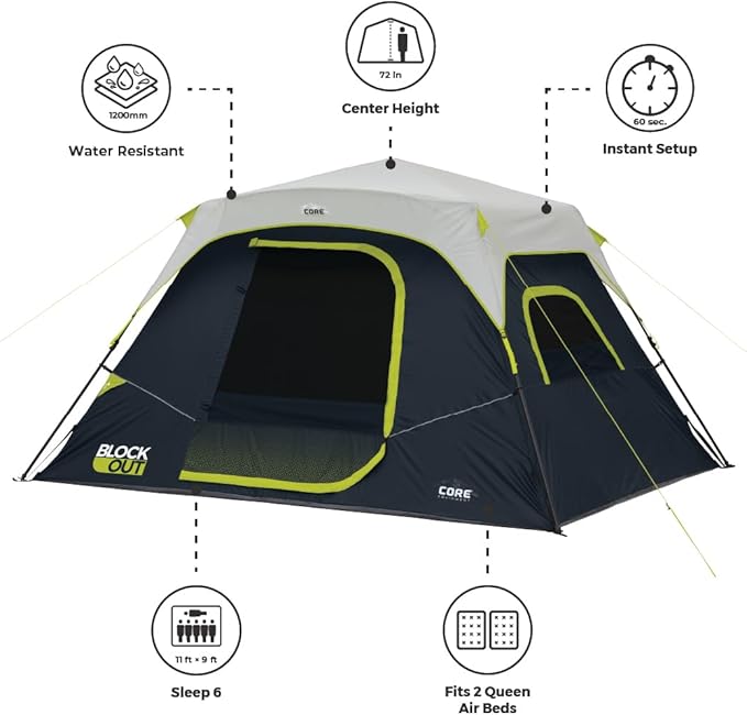 CORE Blackout 6 Person Instant Cabin Tent with Footprint and Tent Kit