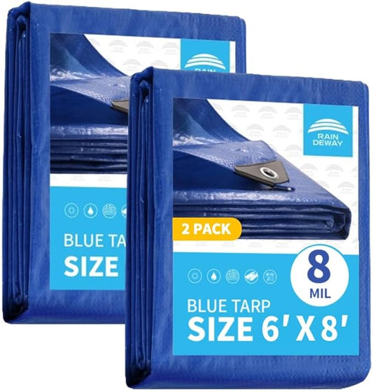 RAINDEWAY Tarps 6x8 Feet (2 Pack) 8 Mil, UV Resistant, Durable, Waterproof Poly Tarp Cover with Metal Grommets and Reinforced Edges,Blue Tarp