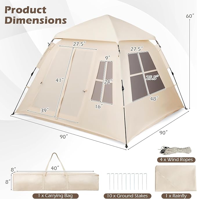 Goplus 4 Person Camping Tent, Portable Automatic Easy Setup Cabin Tent with Rainfly, Mesh Windows, 2 Doors & Carrying Bag, Lightweight Outdoor Sun Shelter for Hiking Traveling Picnic