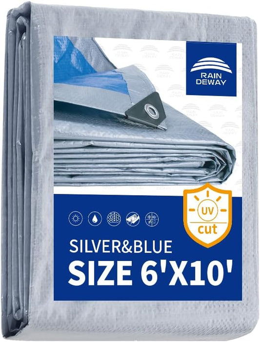RAINDEWAY Tarps 6x10 Feet - 5.5 Mil, Multipurpose Waterproof Poly Tarp Cover with Metal Grommets and Reinforced Edges, Silver/Blue Tarp