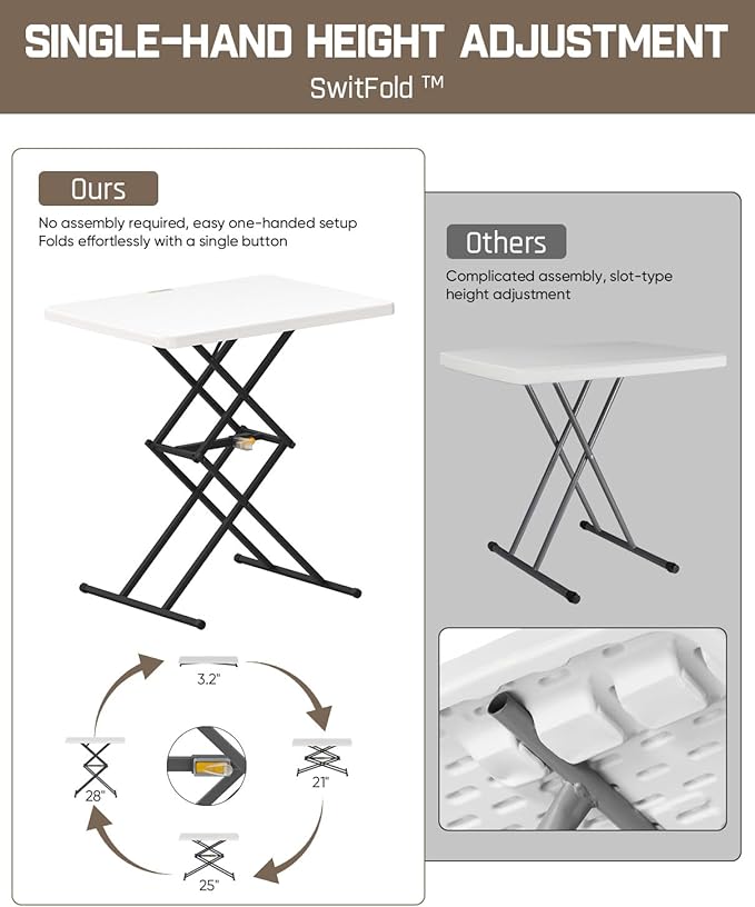 FanttikOutdoor Folding Table, One-Handed Height Adjustment, 3 Heights, Multi-Functional Small Folding Table 28 inch, TV Tray, Portable Dinner Table, No Assembly, 1 Pack, White Zeta X1 Pro