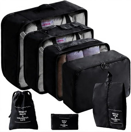 7 Set Packing Cubes for Travel Essentials, Suitcase Organizer Bags for Airplane Road Trip Camp - Black