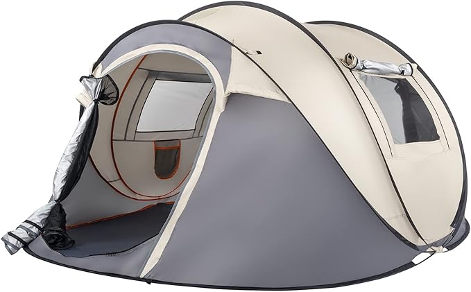 4-Person Pop Up Camping Tent, Waterproof & Windproof, Instant Setup with Windows & Ventilation, Beige and Gray, Lightweight Portable for Family Camping, Hiking, and Backpacking