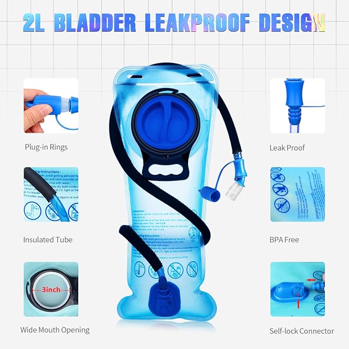 Hydration Backpack, Festival Rave Hydration Pack, Water Backpack with 2L Hydration Bladder, Rave Backpack Hydration Pack Hydropack Hydro for Hiking, Biking, Festivals, Raves