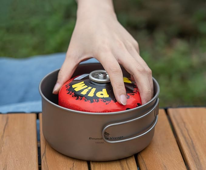 iBasingo Backpacking Cookset Titanium Camping Pots Set Ultralight Outdoor Picnic Pots Pans with Folding Handle Druable Portable Cooking Mess Kit Compact Picnic Dishes Bowls Cups (Multiple Sizes)