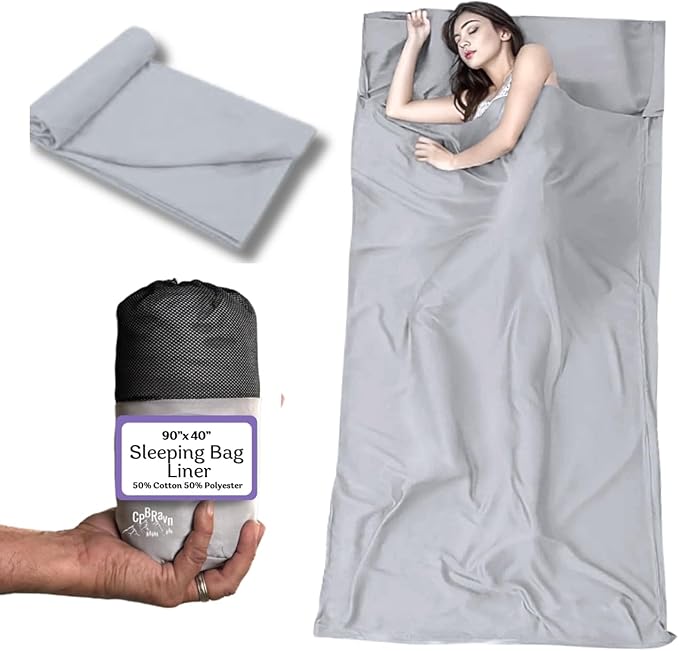 XL Sleeping Bag Liner Sleep Sack for Adults, Travel Sheets for Hotel, Camping Sheets, Self Tan Sleep Sack, Sleeping Liner Cotton/Polyester Blend with 2-Way Zipper & Pillow Pocket, Warm Cold Weather