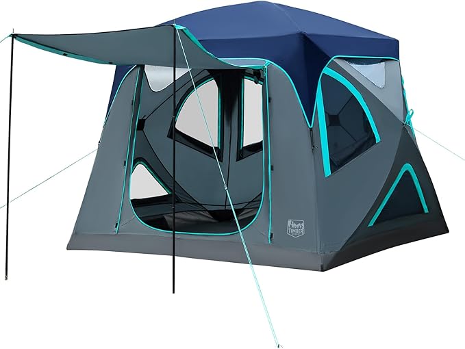 TIMBER RIDGE Camping Tent, 4 Person Instant Pop Up Hub Tent with 8 Windows, Easy 60 Second Setup, Weather Resistant Family Cabin Tents with Rain Fly for Camping, Hiking, Outdoor Travel