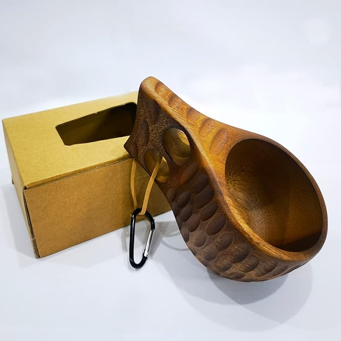 Sanrich Wooden Mug Kuksa Handcrafted Wood Camp Mug Survival Wood Cup Camping Cups & Mugs with Carabiner Leather Lanyard For Drinking Tea Coffee (8 ounces-Tortoiseshell-2 handle holes)