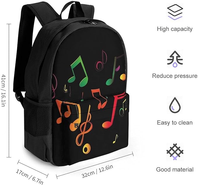 Supdreamc Lightweight Daypack for Camping Business Walking Cycling, Large Capacity Anti-Theft Multipurpose Bookbag, Colorful Music Note Black Gym Outdoor Hiking Backpack