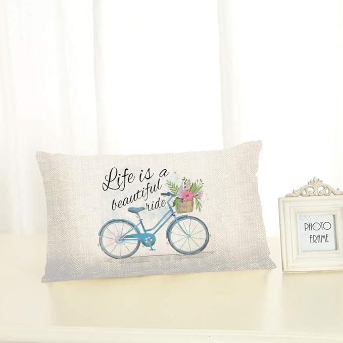Throw Pillow Cover Life is A Beautyful Ride Sweet Love Bicycle Decorative Pillow Case Home Decor 20x12 Inches Pillowcase