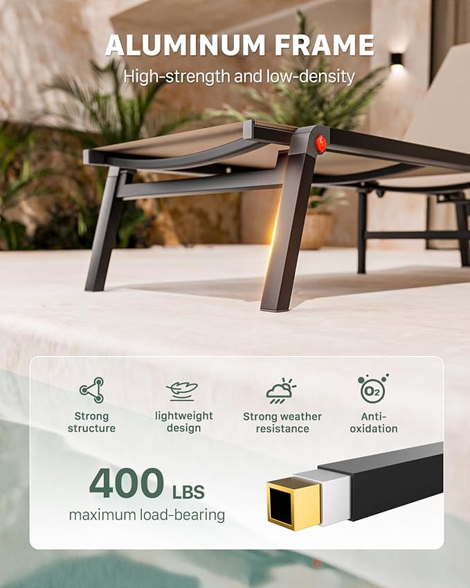 Aluminum Patio Chaise Lounge Chair Set of 2 with Side Table,5-Position Adjustable Backrest,Foldable Lounge Chair Outdoor,Pool Lounge Chairs for Poolside,Lawn,Deck,Beach (Khaki, 2 Pack+Table)