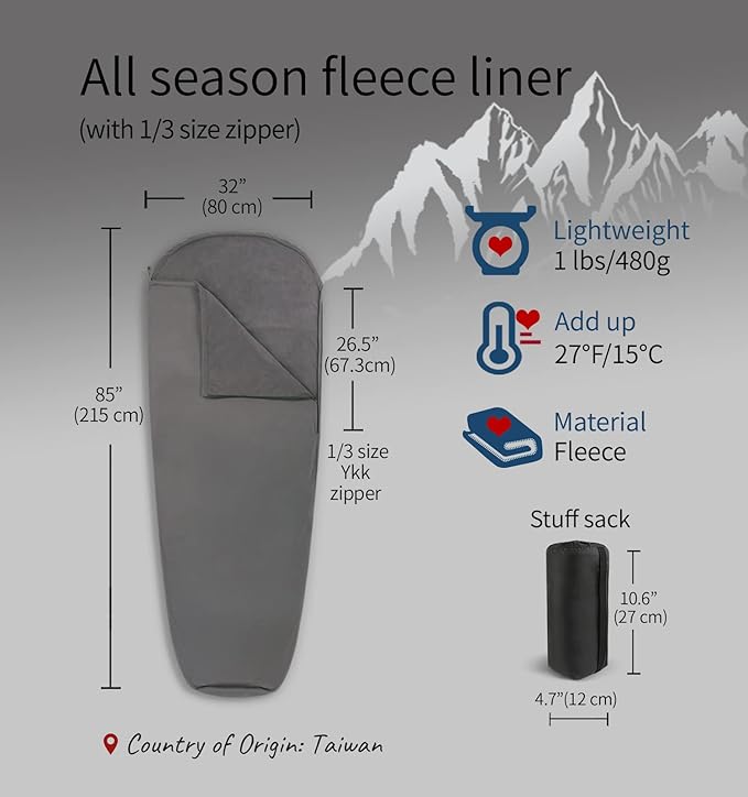 Litume All Season Fleece Sleeping Bag Liner Adds Up to 27°F/ 15°C, Lightweight Mummy Sleeping Sack for Cold Weather and Winter Backpacking, Camping, Traveling with Drawstring Hood and Stuff Sack E629