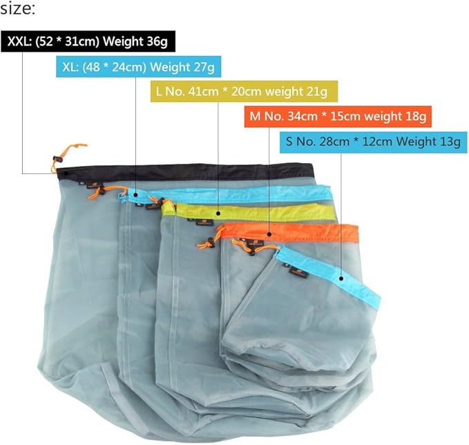 VGEBY Mesh Stuff Sack, Nylon Mesh Stuff Storage Sack Drawstring Mesh Camping Sack for Camping Hiking(XXL-Black)