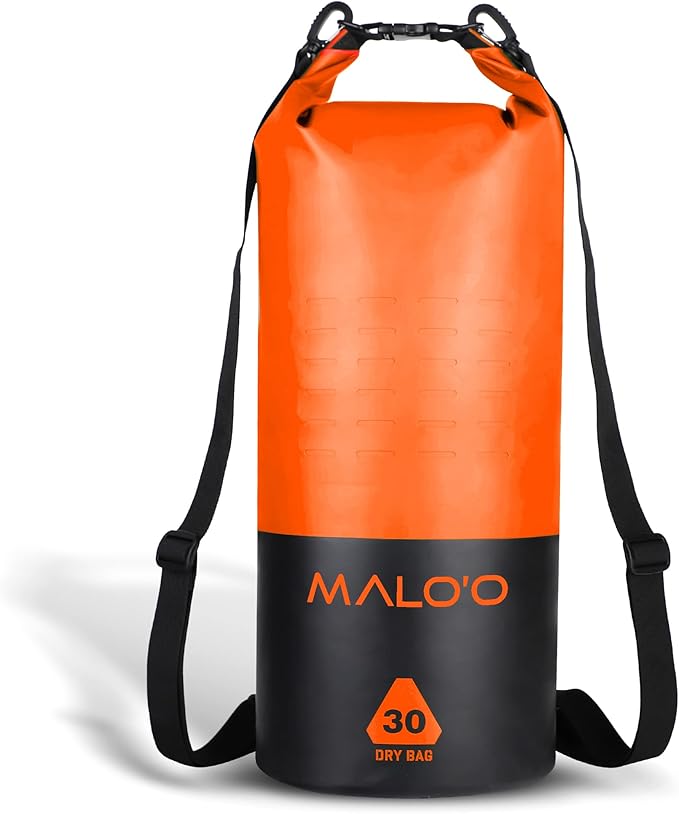 Malo’o DryPack 30L Waterproof Kayak Dry Bag, Heavy Duty Roll-Top Dry Bag with MOLLE Grid and Carry Straps for Fishing, Paddle Boarding, Boating, Camping, and Travel, Orange