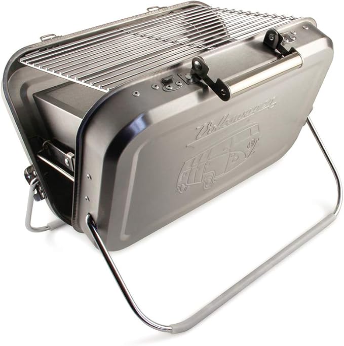 BRISA VW Collection - Volkswagen Portable Suitcase Grill with Grill Grate, Charcoal Catcher & Stainless Steel Handle in T1 Bus Design (Silhouette/Silver)