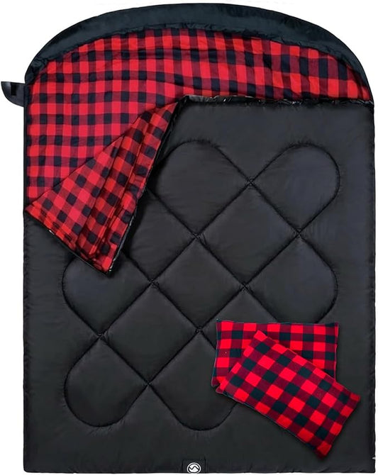 ShinHye Double Sleeping Bag for Adults with 2 Pillows, Camping Sleeping Bags Flannel Cotton 2 Person Sleeping Bags XXL Queen Size Sleeping Bag for Cold Weather