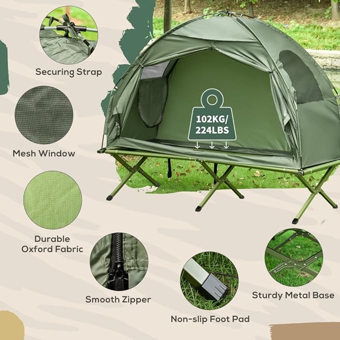 Portable Camping Cot for Adults,Folding Cot for Sleeping with Mattress, Elevated Tent and Sleeping Bag, Multifunctional Outdoor Tent Cot Bed 1 Person