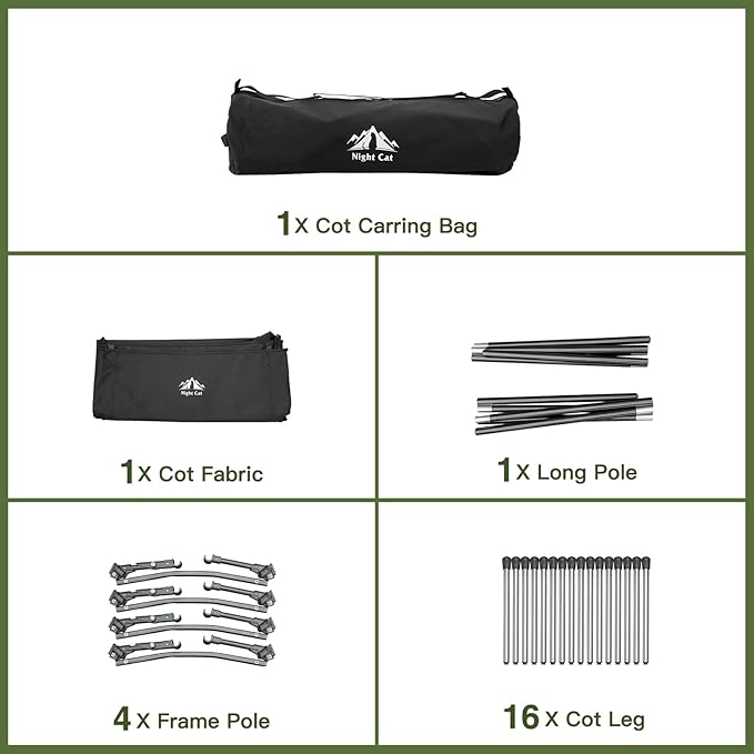 Night Cat Camping Cot Bed - Portable Folding Sleeping Cots for Adults 1-Person Outdoor Elevated Off-Ground Beds Easy Set-up Army Sleeping Bed 87"x28"