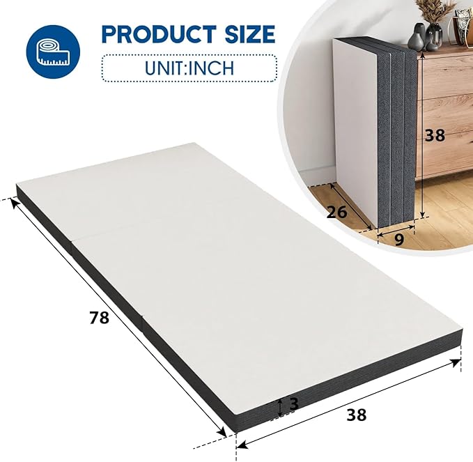 3 inch tri Folding Mattress Tri-Fold Memory Foam Mattress Topper - Portable & Washable - Twin XL Size - Ideal for Camping, Guest, and Floor - CertiPUR-US Certified