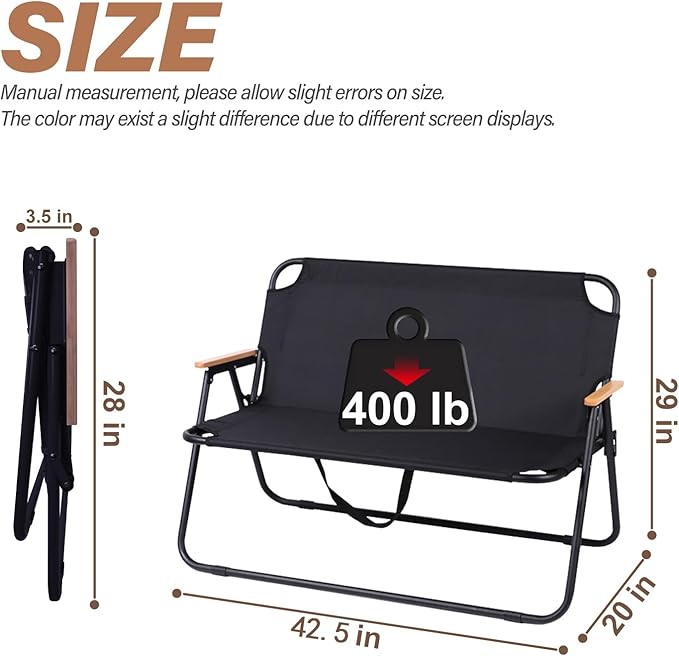 BDL Double Camping Chair Loveseat Heavy Duty Folding Double Seat Beach Chair with Cushion for Outdoor Travel Hiking Patio Beach