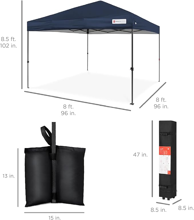 Best Choice Products 8x8ft Pop Up Canopy Tent, Outdoor Shade, 1 Person 1 Minute Set Up, Carry Case, 4 Weight Bags - Navy Blue
