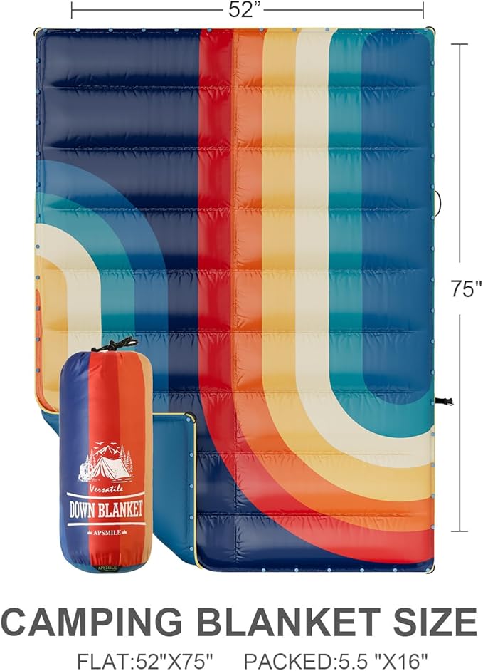APSMILE Outdoor Down Blanket | Extra Warm & Puffy Camping Blanket | Water-Resistant, Lightweight, Packable Sleeping Quilt for Camp, Travel, Hiking, Picnic, Backpack (Stripe HD Printed, 52"x75")