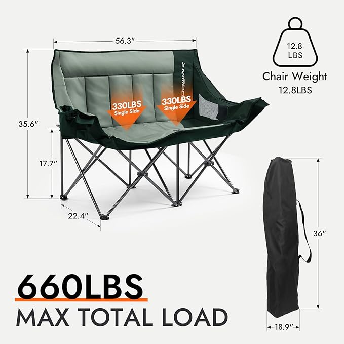 Dowinx Double Camping Chair Loveseat with Cup Holders & Wine Glass Holders, Oversized Folding Outdoor Lawn Chair 660lbs, Portable Padded Seat with Storage Bag for Adults, Beach, Patio, Picnic - Green
