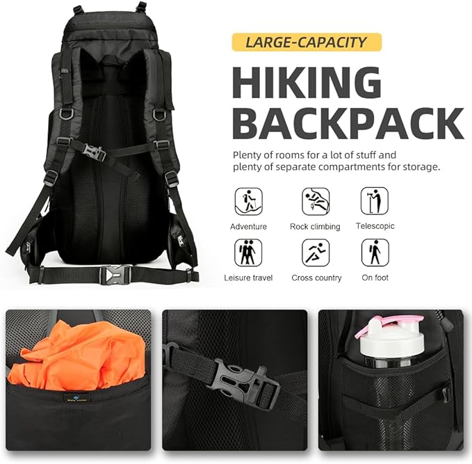 King'sGuard 60L Hiking Backpack for Men and Women Lightweight Camping Hiking Backpack with Rain Cover Large Waterproof Travel Backpack Backpacking Pack (Black)