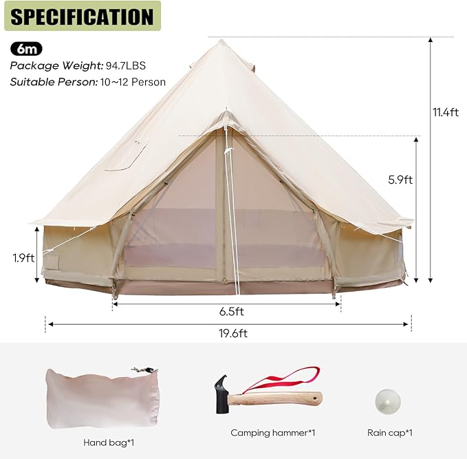 Luxury Cotton Bell Tent, Yurt Canvas Tent with Stove Jack, 4/6/8 Person Family 4 Season Camping