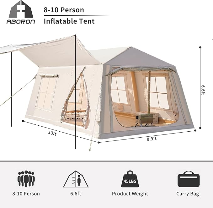 ABORON 2/6/8 Person Inflatable Camping Tent, Easy Setup Blow Up Tent with Hand Pump, PU3000mm Waterproof & Breathable 4 Season Glamping Tent for Outdoor Camping