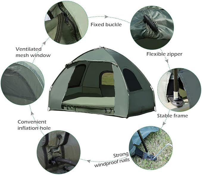LUARANE Double Tent Bed, Outdoor Folding Tent Set with Air Mattress & Sleeping Bag, 2 Person Waterproof Raised Camping Tent Bed with Carry Bag, Suitable for Hiking, Camping, Picnics