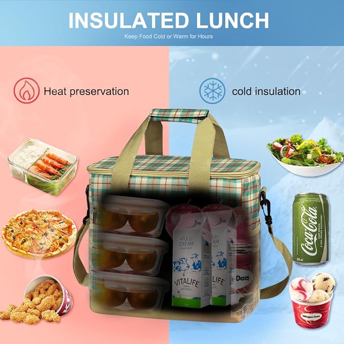 Iknoe Large Cooler Bag Collapsible 24 Can Insulated Bags Leakproof Lunch Cooler Tote with Multi-Pockets for Adult Insulated Thermal Bag for Beach, Picnic, Office Work(Khaki Lattice)