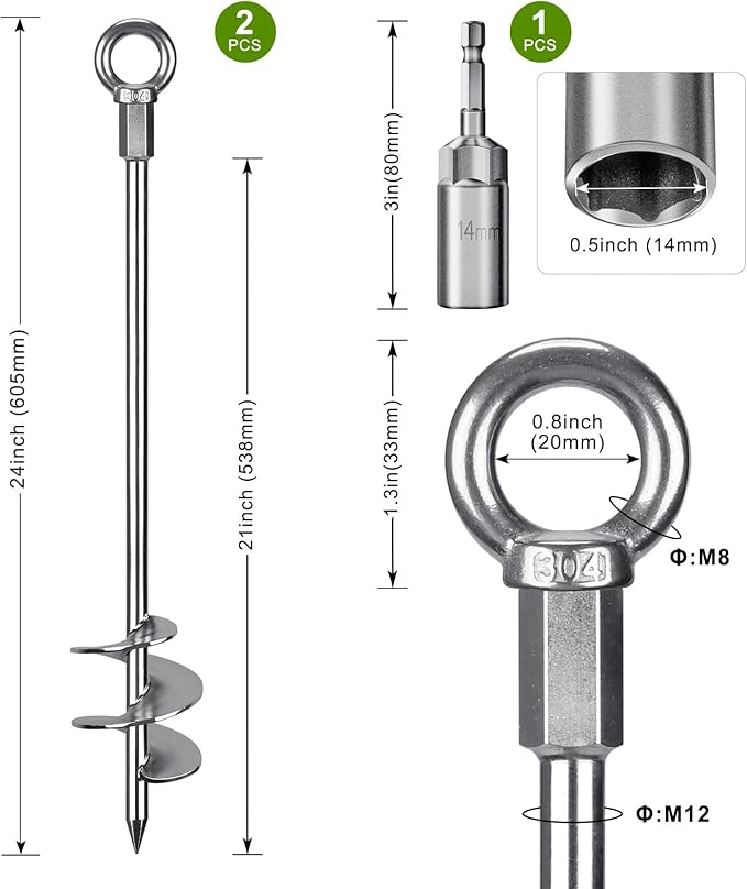 24'' Fully Welded Ground Anchors Screw in, 3'' Wider Spiral Earth Anchor for Swing Set, 2pcs Mobile Home Anchors, Wind Resistant Trampoline Wind Anchors, Ground Anchors for Sheds