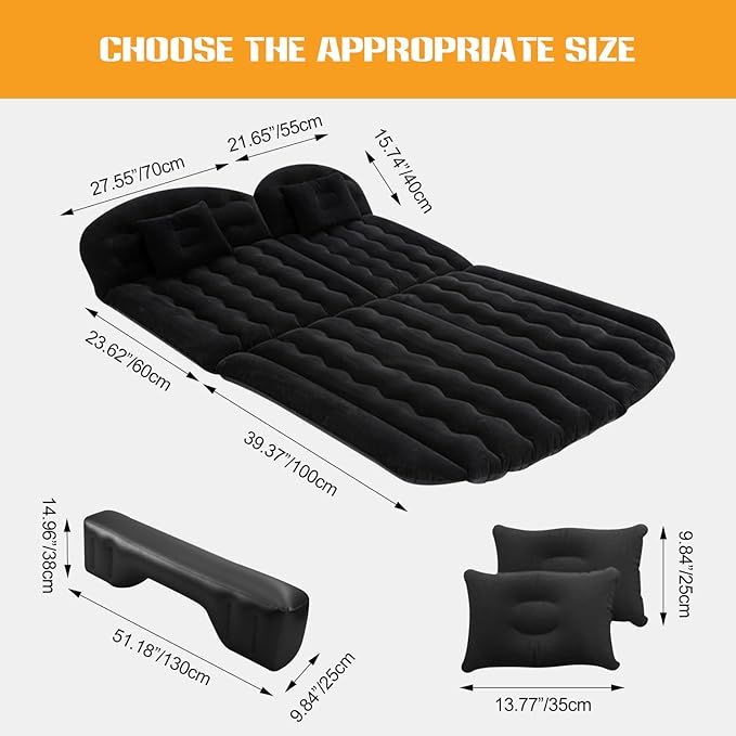 Ergocar Inflatable Mattress Soft Plant Velvet Thickened Air Mattress Car Sleeping Mattress Two Pillows Double-Layer Inflatable Valve Storage Bag Suitable for Camping, Traveling, Family